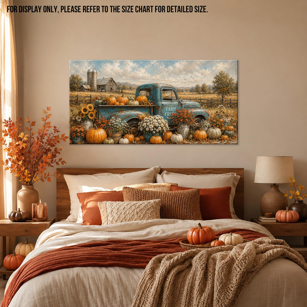 Truck Fall Canvas Wall Art, Rustic Farmhouse Painting Pictures Autumn Thanksgiving Artwork, Vintage Blue Farm Fresh