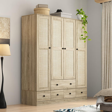 Rattan Armoire Wardrobe Closet with 7 Shelves, 5 Drawers & Hanging Bars, 59" L Wooden Wardrobe Clothes Storage