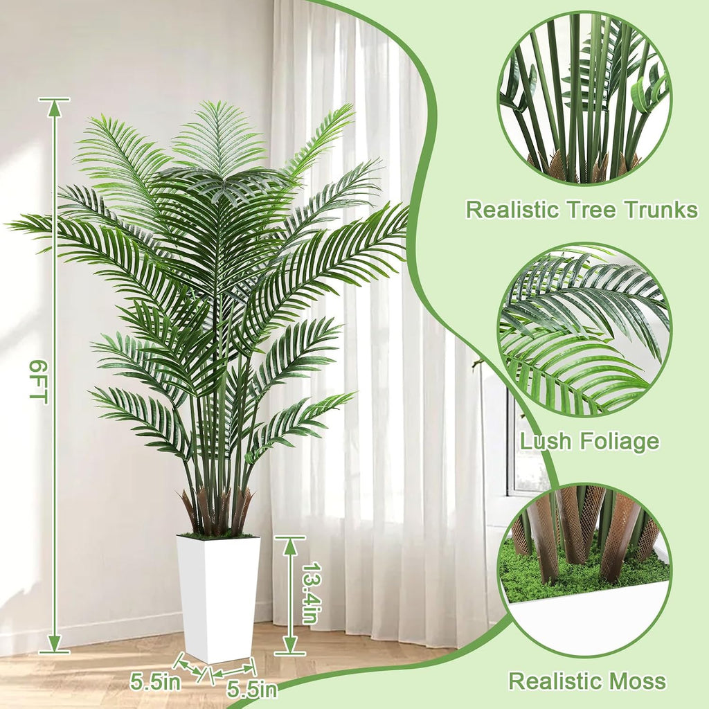 Artificial Palm Tree 6FT - Lifelike Fake Areca Palm Tree with White Tall Planter - Faux Indoor Tropical Floor Plant