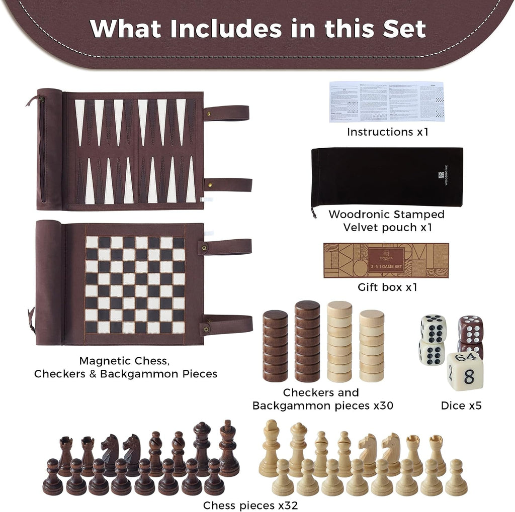 Magnetic Chess Checkers Backgammon Set, 3 in 1 Magnetic Chess Game for Adult, Roll-up Portable Suede Board Game