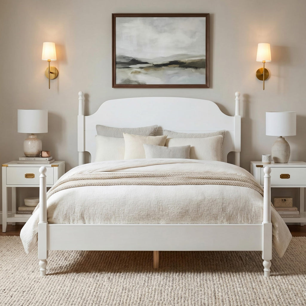 Traditional Solid Wood 4-Poster Bed Frame, Mid-Century Modern Farmhouse Platform Bed with Arched Camelback