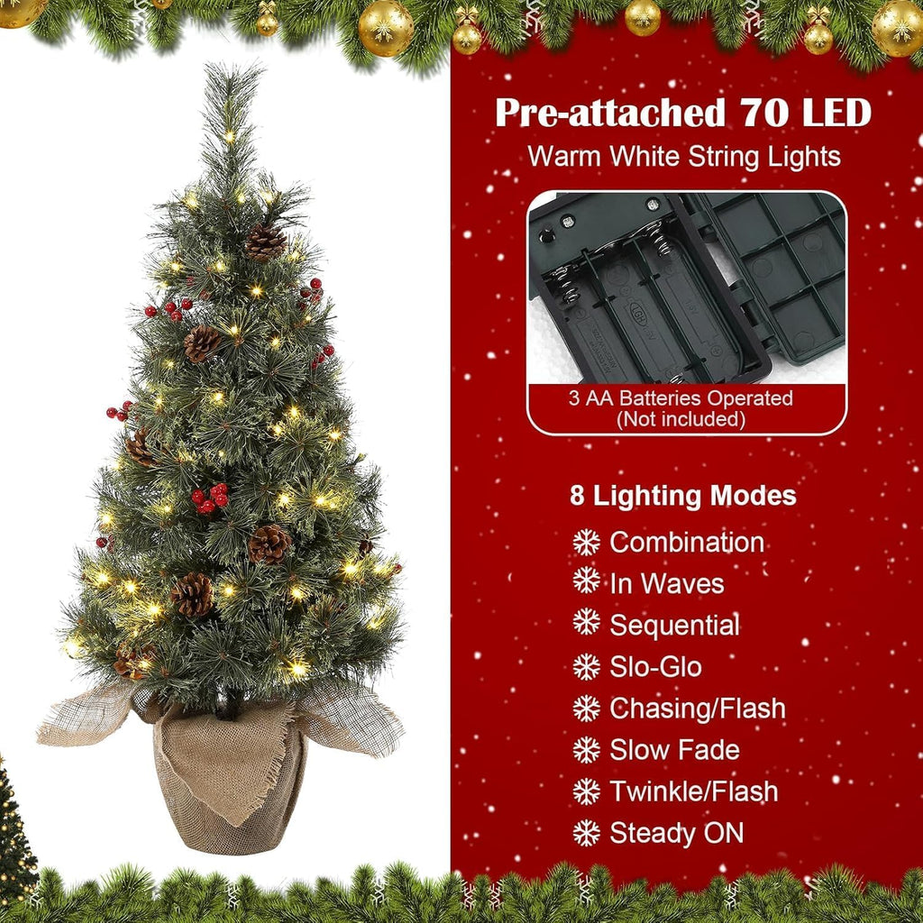 3ft Mini Pre-Lit Christmas Tree, Artificial Tabletop Snow Flocked Christmas Trees, Small Potted Xmas Tree with 78 LED