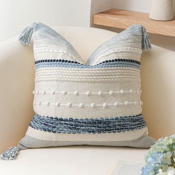 Coastal Blue Boho Decorative Throw Pillow Cover 18x18 Modern Bohemian Accent Pillow Case Square Woven Textured