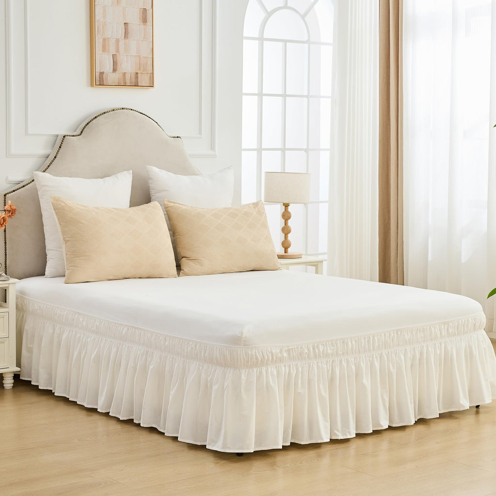 Wrap Around Bed Skirts 17" Drop, Cotton Adjustable Elastic Dust Ruffles Wrinkle & Fade Resistant Soft Cozy Elegant