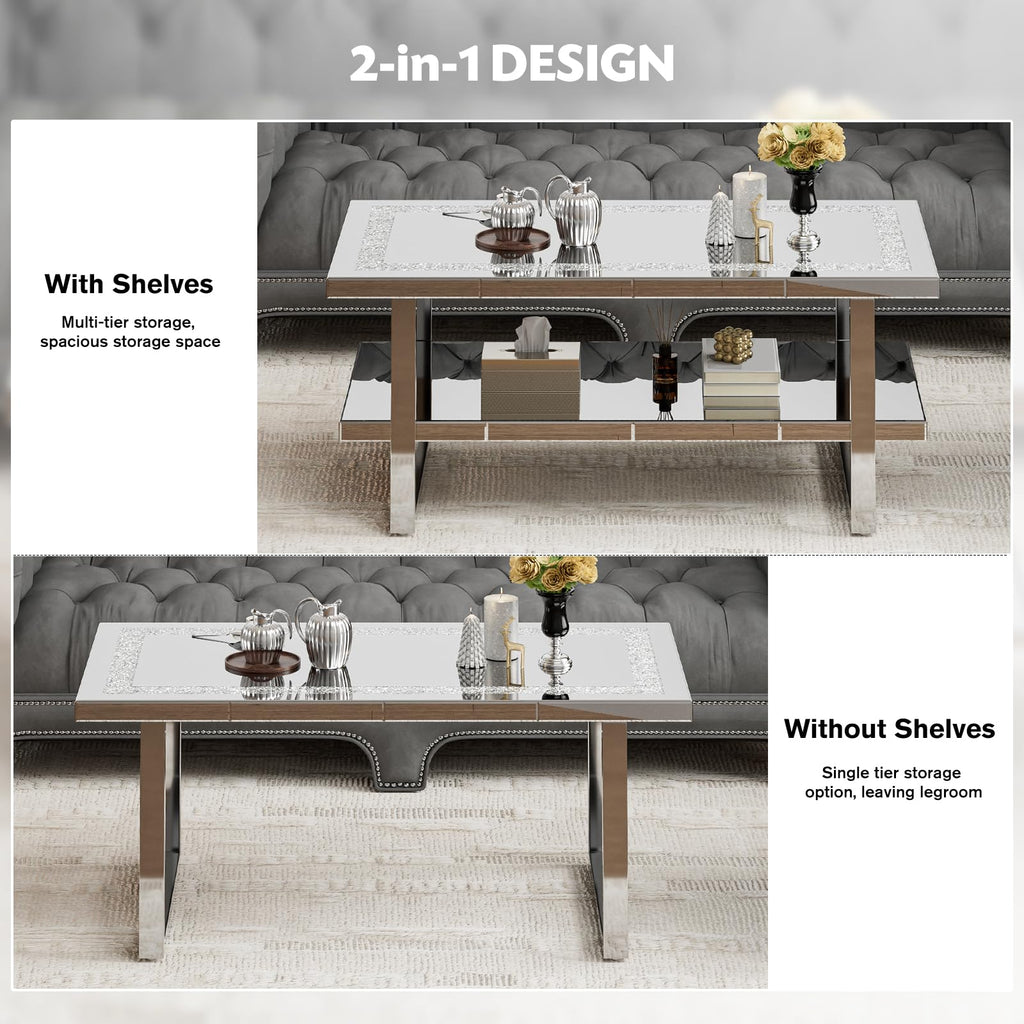 Mirrored Coffee Table with 2 Tiers, 2 in 1 Rectangle Coffee Table with Crushed Diamond, Silver Living Room Table with