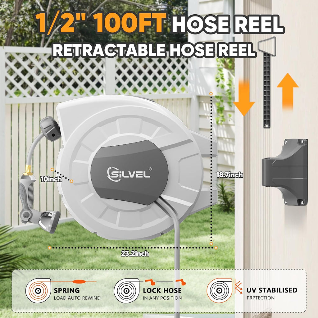 Retractable Garden Hose Reel, 1/2" x 100ft Wall Mount Heavy Duty Automatic Hose Reel with 10 Pattern Nozzle, Any
