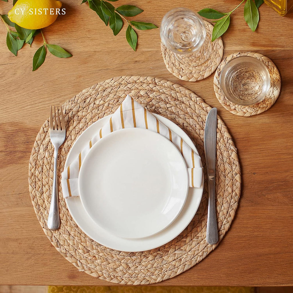 Woven Placemats Round Placemats, 13.5 Inch Wicker Placemat Circle Rattan Placemats Farmhouse Boho Braided - Set of 6