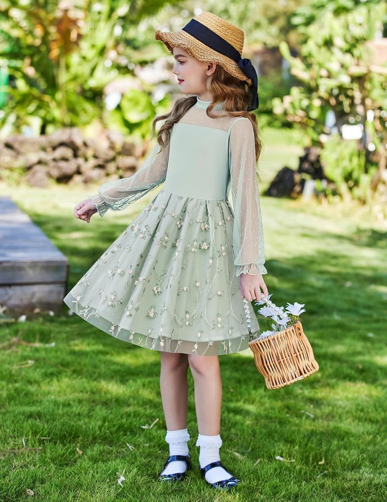 Girls Dresses Contrast Mesh Puff Long Sleeve Formal Party Dress
