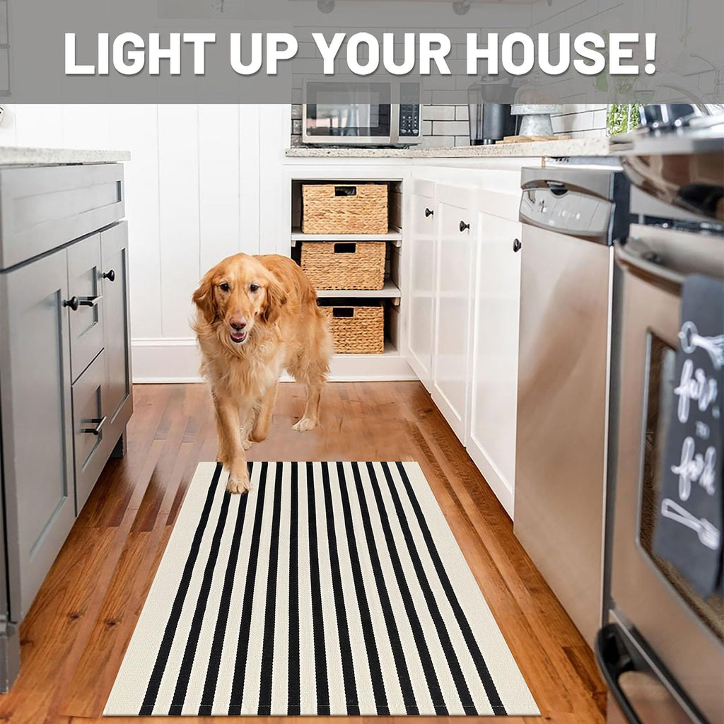 2.3x3.6 Striped Outdoor Door Mat, Washable Porch Rug, Black Beige