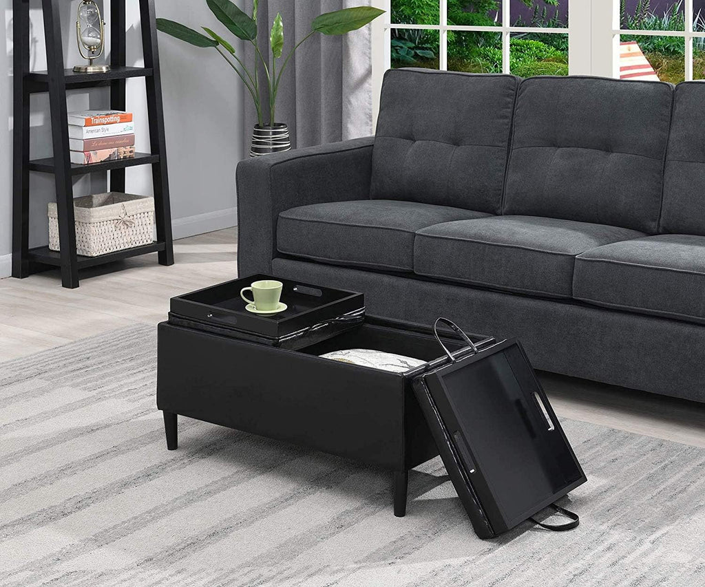 Designs4Comfort Magnolia Storage Ottoman with Reversible Trays, Black Faux Leather