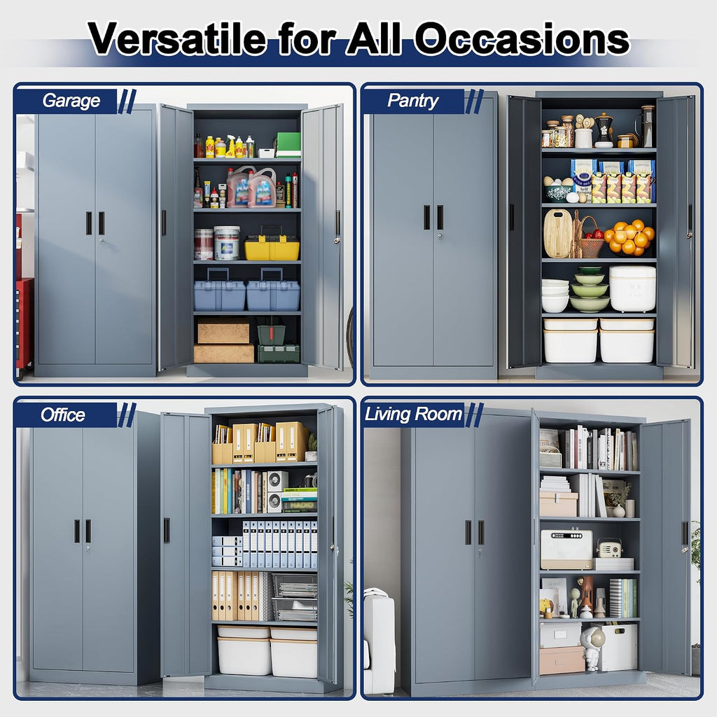 Metal Storage Cabinet with 2 Doors and 4 Adjustable Shelves Garage Storage Cabinet with Lock 71" Office Storage