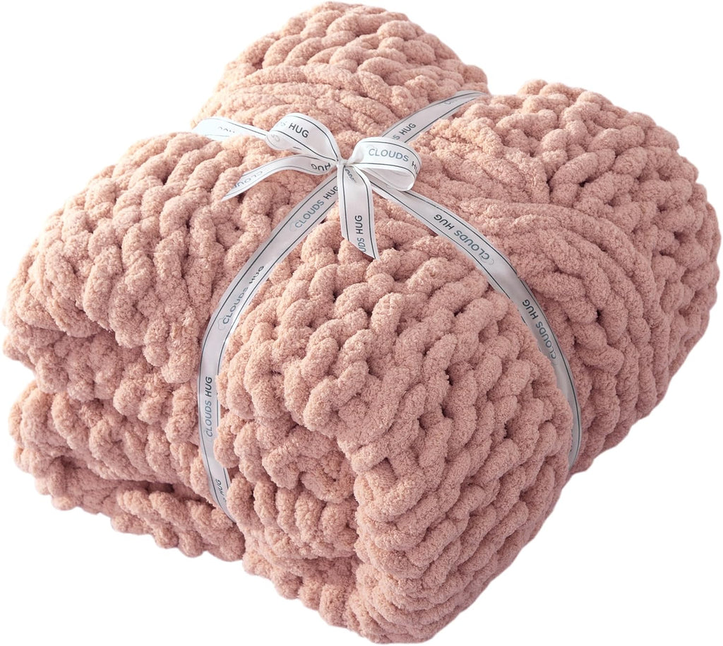 Chunky Knit Blanket Throw - 100% Hand Knitted Chunky Soft Throw Blanket, Thick and Warm Blanket for Winter, Pink
