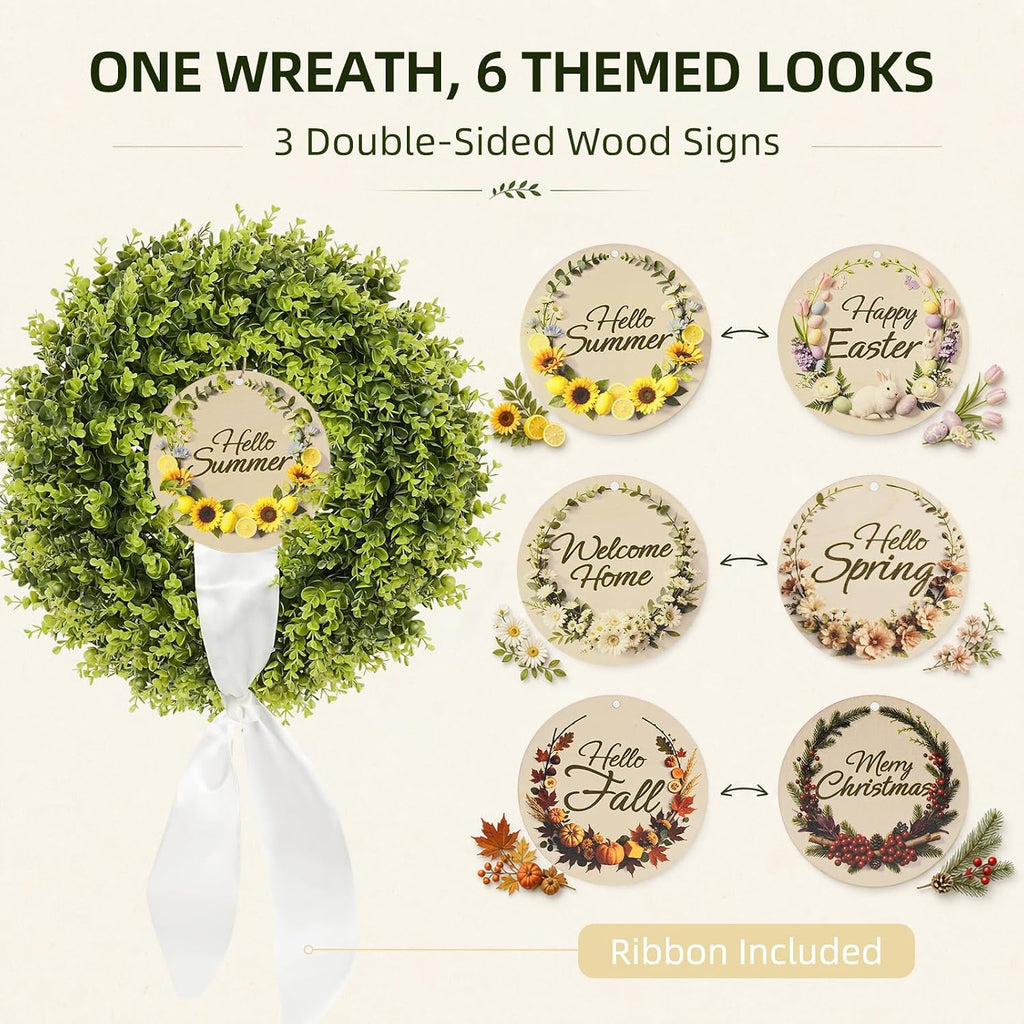 20 Inch Faux Boxwood Wreath with 3 Double-Sided Wooden Signs