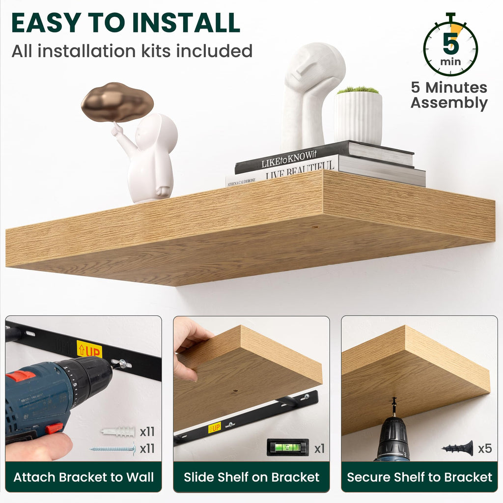 12 Inch Deep Floating Shelves Oak, 24 Inch Long, 2" Thick Floating Shelves for Wall, Hidden Bracket