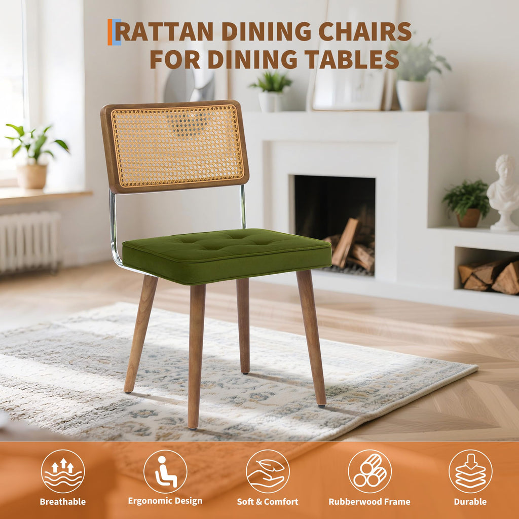 Natural Rattan Dining Chairs Set of 4, Velvet Upholstered Kitchen Chairs with Tall Cane Backrest and Strong Wood Legs