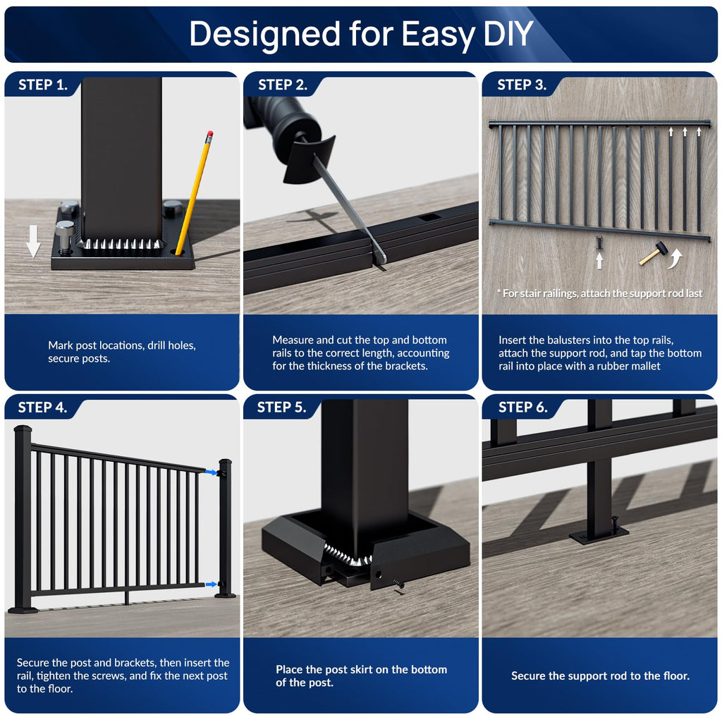 4 Pack 42 in x 8 ft Aluminum Porch and Deck Railing Kit Without Post