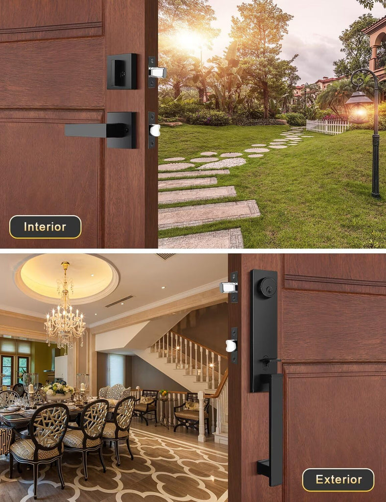 Full Escutcheon HandleSet Front Door Entry Handle and Deadbolt Lock Set Slim Square Single Cylinder Deadbolt and