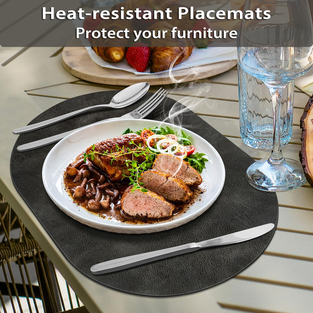 Oval Placemats Set of 6, Wipeable Faux Leather, Dark Grey