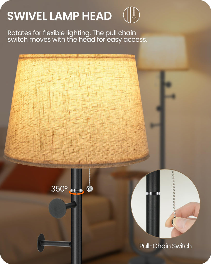 Floor Lamp with Table, Modern Standing Lamp with Shelf and Coat Rack, 3 Color Temperature Bulb Included, Side Table