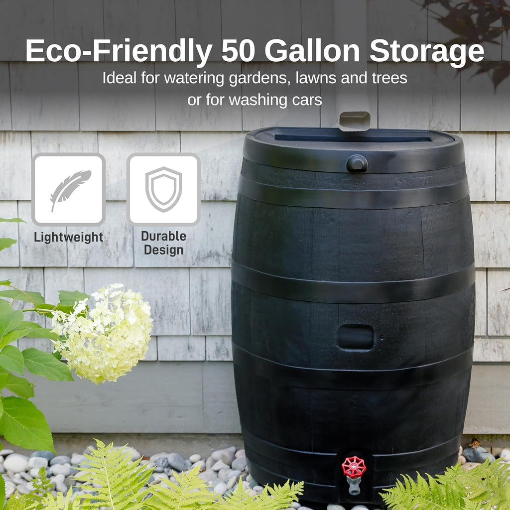 50-Gallon ECO Rain Barrel Made with 100% Recycled Plastic, Flat Back Rain Water Collection Barrel, Stand Included