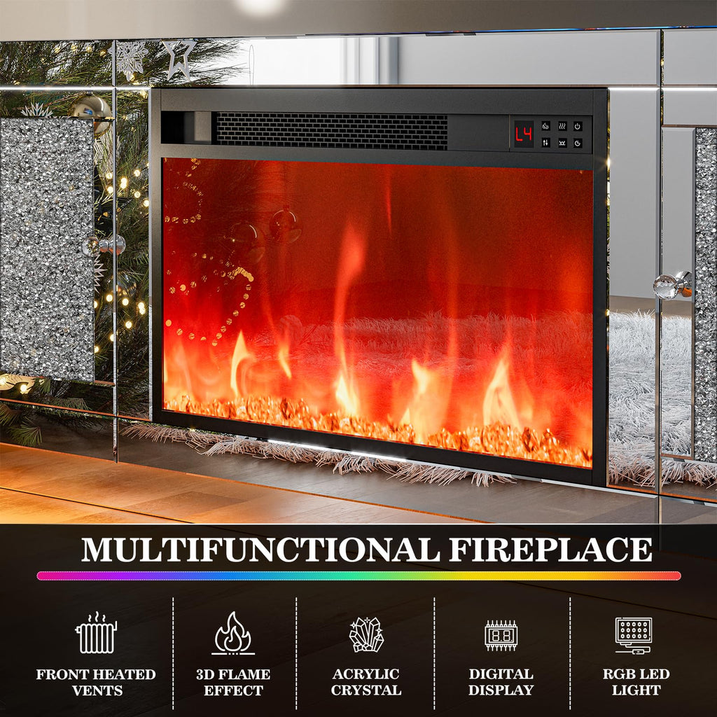 Mirrored Fireplace TV Stand for 65+ inch TV, Mirrored TV Stand with Crushed Diamond & LED Light, Silver Media