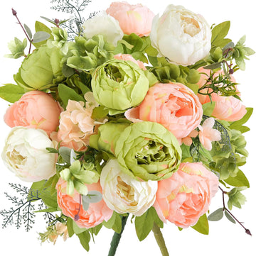 Artificial Peony Bouquet - Faux Silk Flowers Stems - Ready-to-Style Bouquets for Weddings, Home Decor - Set of 2