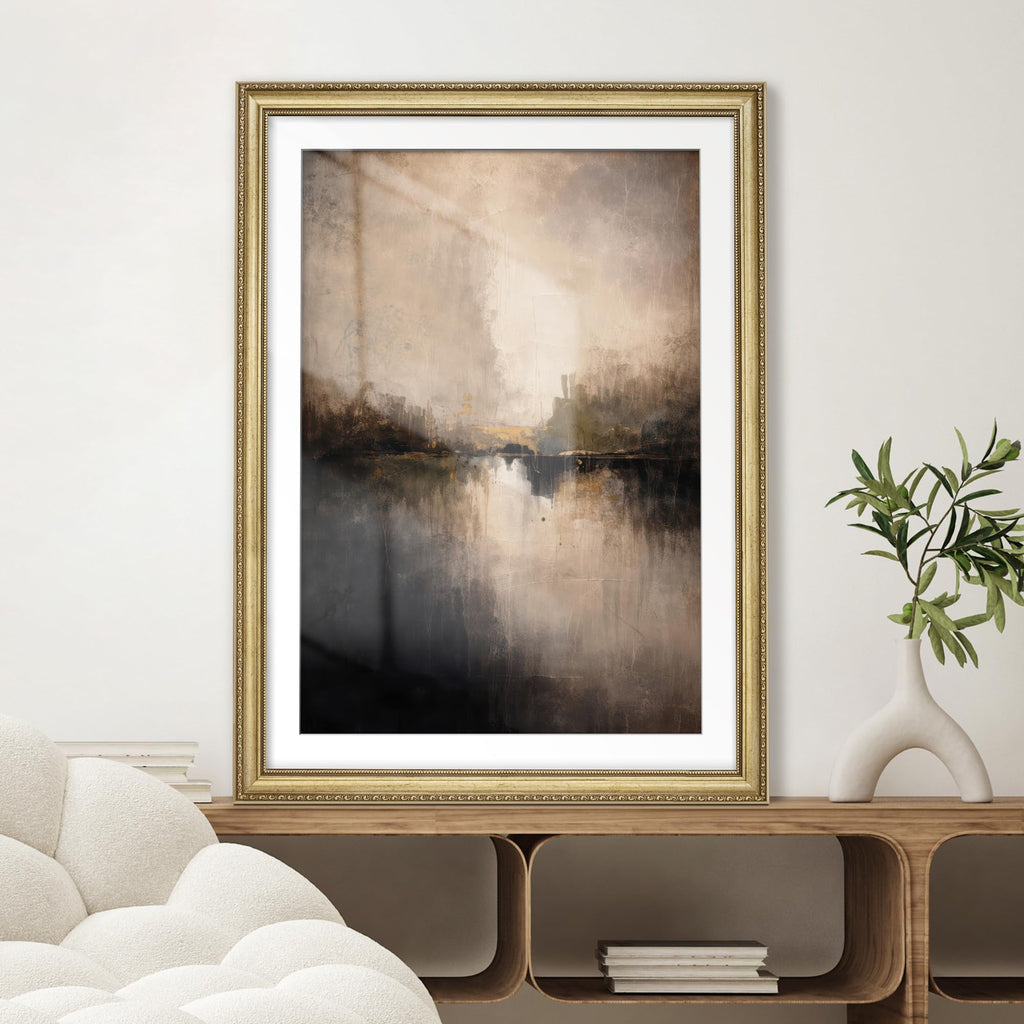 Premium Framed Wall Art Abstract Moody Reflection Landscape in Earth Tones Illustrations Impressionism Colorful - 26"