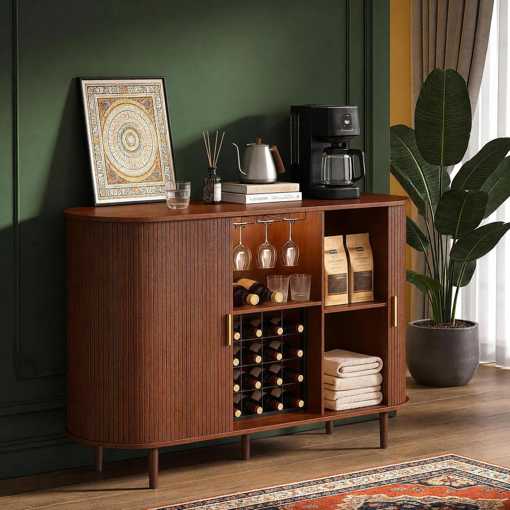 55" Wine Bar Cabinet with Storage, Fluted Liquor & Coffee Bar Cabinet with Wine Rack and Glass Holder, Buffet
