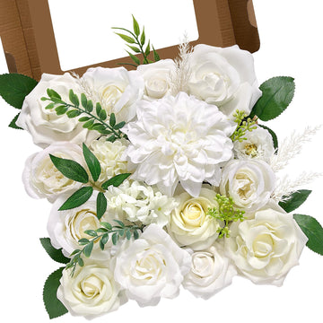 White Artificial Flowers, Silk Fake Roses for DIY Bouquet