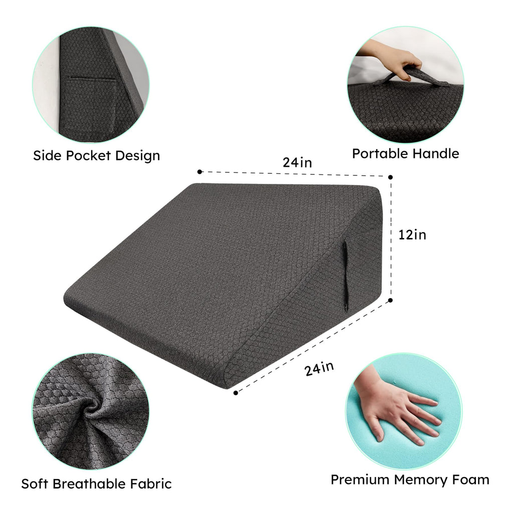 Wedge Pillow, 12 inch Bed Wedge Pillow, Elevated Body Pillow for Back Support, Acid Reflux, Leg, Neck Pain, Snoring