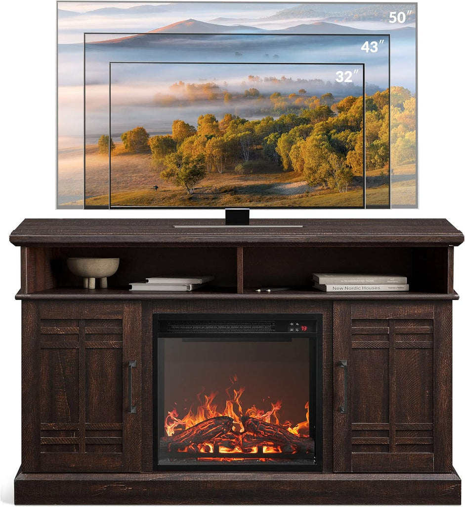 48" TV Stand with 18" Electric Fireplace Heater, Modern TV Stand for TVs up to 50", Entertainment Media Stand with