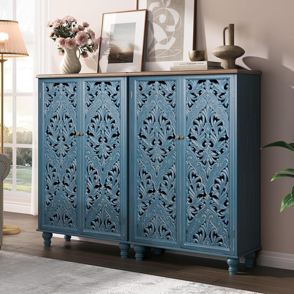 47" Tall Accent Cabinet with Doors & Storage ,Blue | Carved Solid Wood Legs, Decorative Cabinet for Dinning