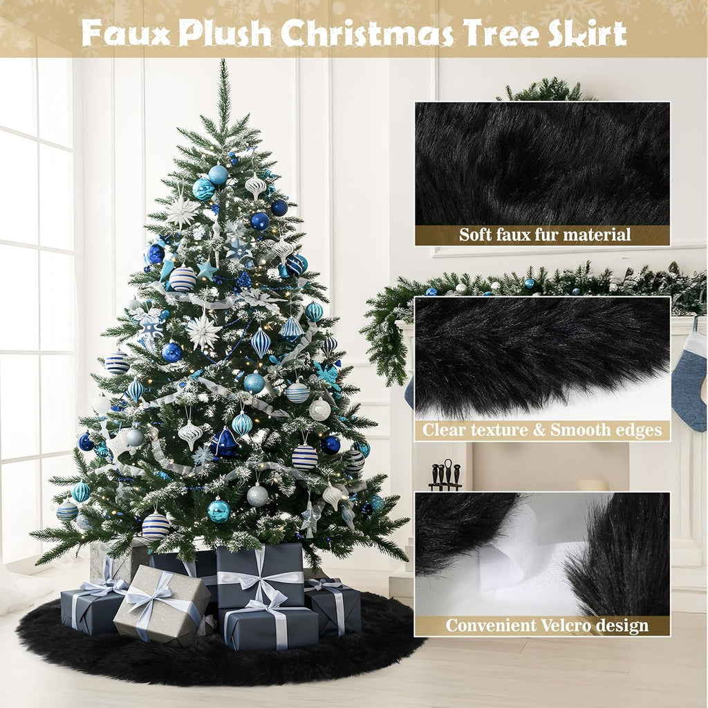 28 Inch Black Faux Fur Christmas Tree Skirt for Halloween Decorations