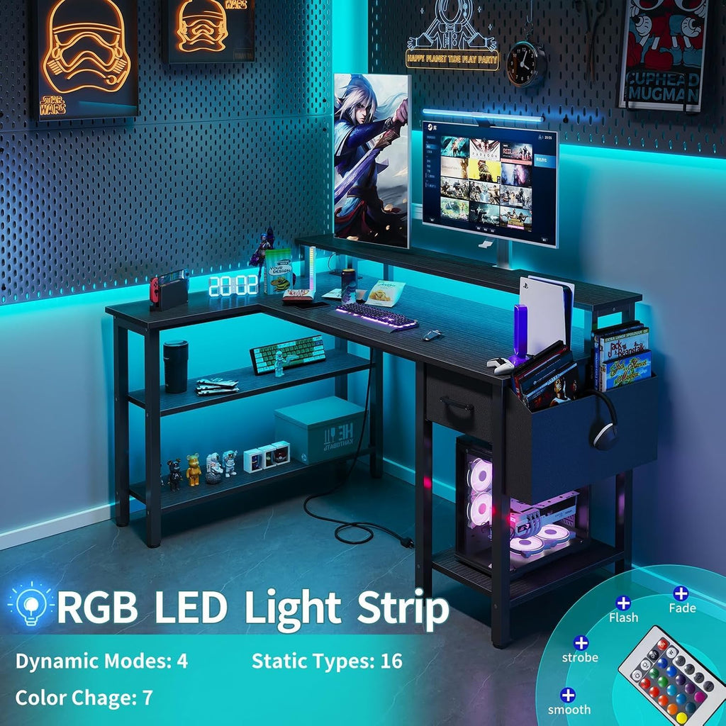 L Shaped Gaming Desk with Storage Shelves, 47 inch Home Office Desk with Monitor Stand, Computer Desk with LED