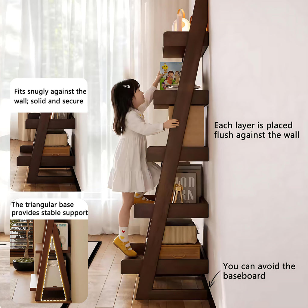 5 Tier Ladder Shelf, Ladder Bookshelf with Wood Frame, Modern Leaning Storage Organizer Bookcase with