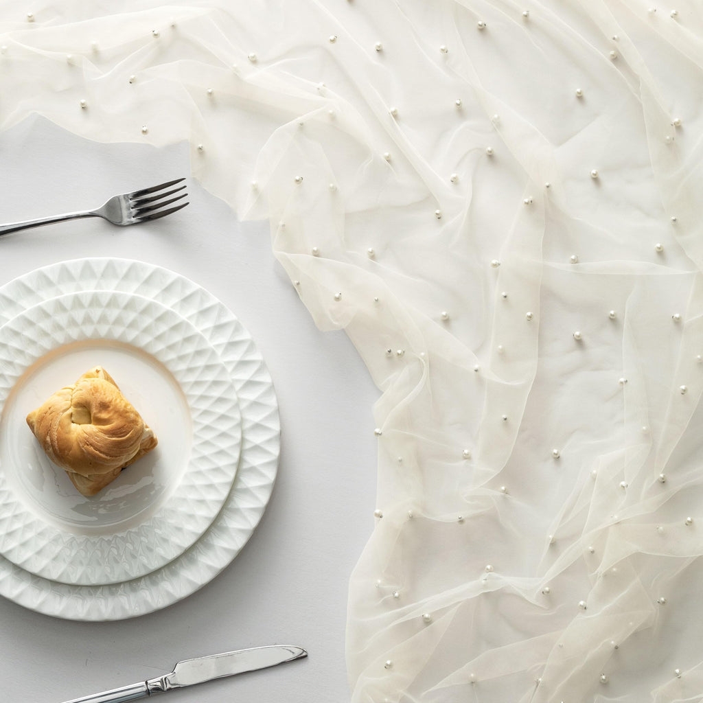Beige Pearl Tulle Fabric, 5 Yards