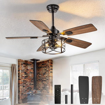 42-Inch Ceiling Fans with Lights: Caged Ceiling Fans Dual Finish 5 Blades - Rustic Ceiling Fan with Remote Control