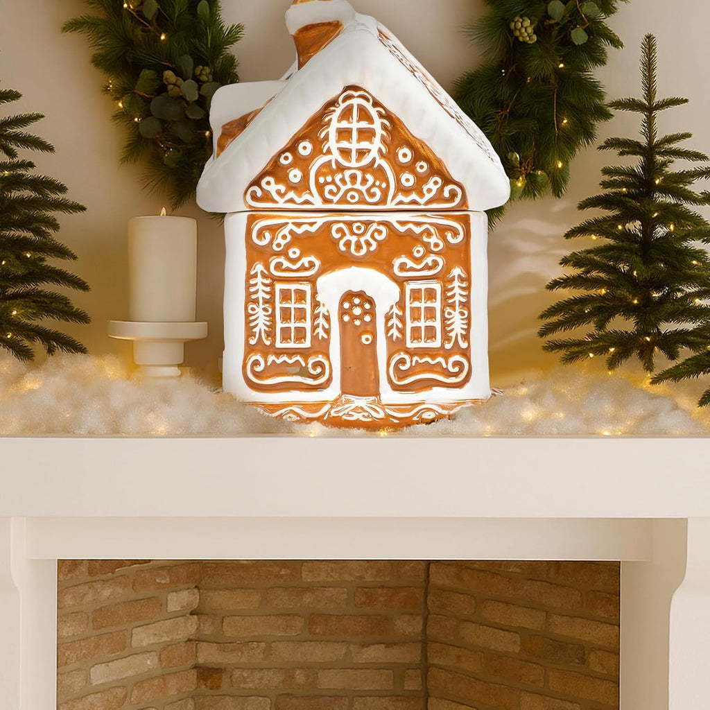 Gingerbread House Christmas Candy Jar with Lid 9.3 Inch Ceramic Christmas Cookie Jar Decorative Treats Storage