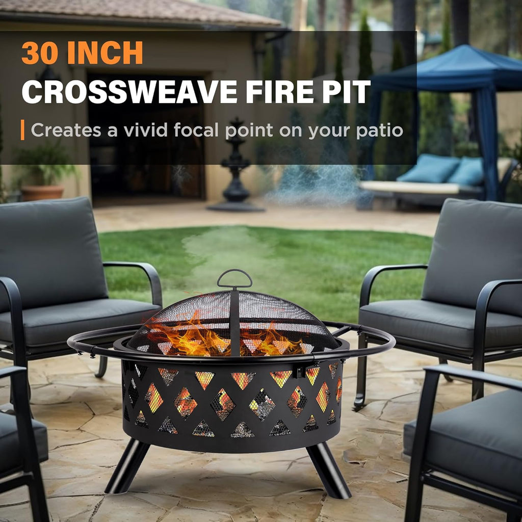 Red Mountain Valley 30'' Outdoor Wood Burning Fire Pit, 2-in-1 Large Round Fire Pit for Outside
