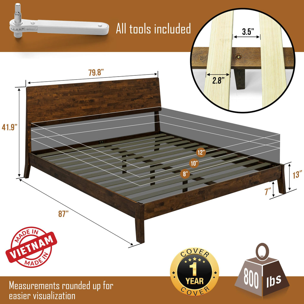 Serenity King Size Bed Frame, King Bed Frame with Headboard 800 lbs Capacity Natural Wood Bed All Mattress Support &