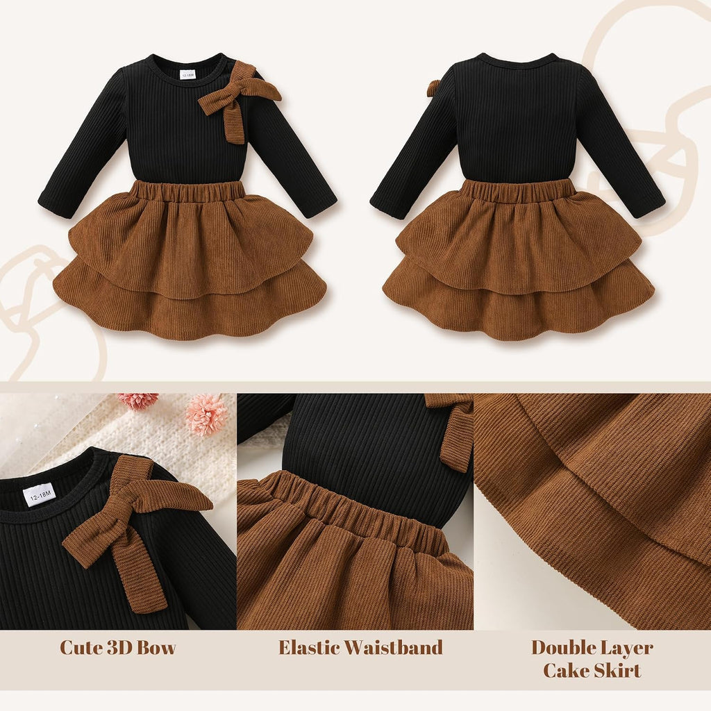 Toddler Girl Outfits Fall Winter Knit Bow Tops Cute Skirt Set