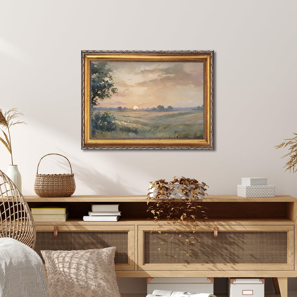 Vintage Sunset Landscape Framed Wall Art Autumn Fields Oil Painting Poster Rustic Horizontal Nature Countryside Scene