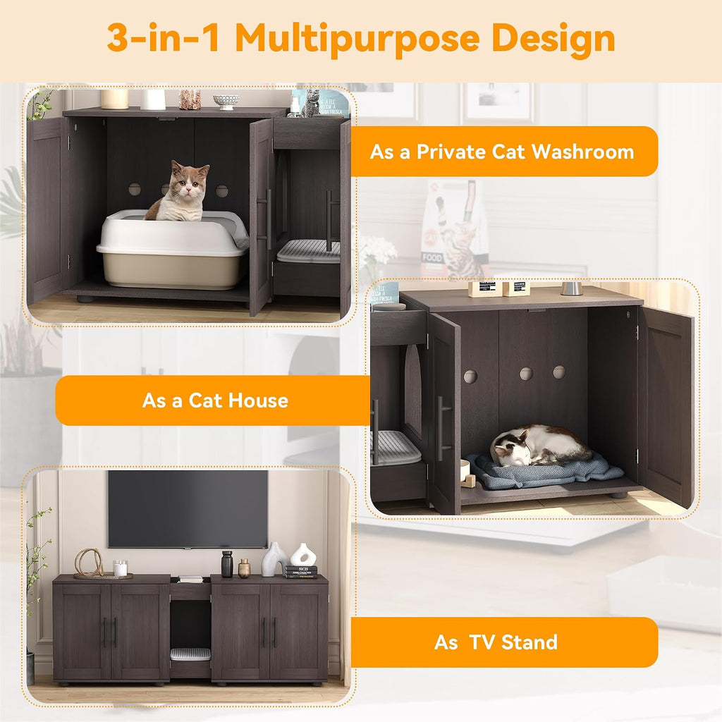 Cat Litter Box Enclosure with Double Room, Walnut