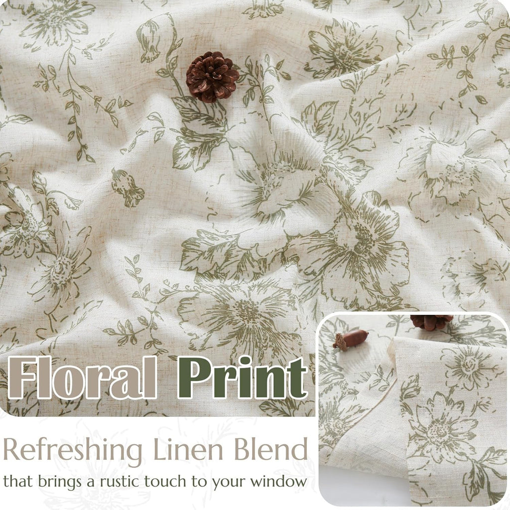Linen Valance Curtain Farmhouse Sage Green Floral Window Valance, 16 Inch French Country Flower Drapes for Kitchen