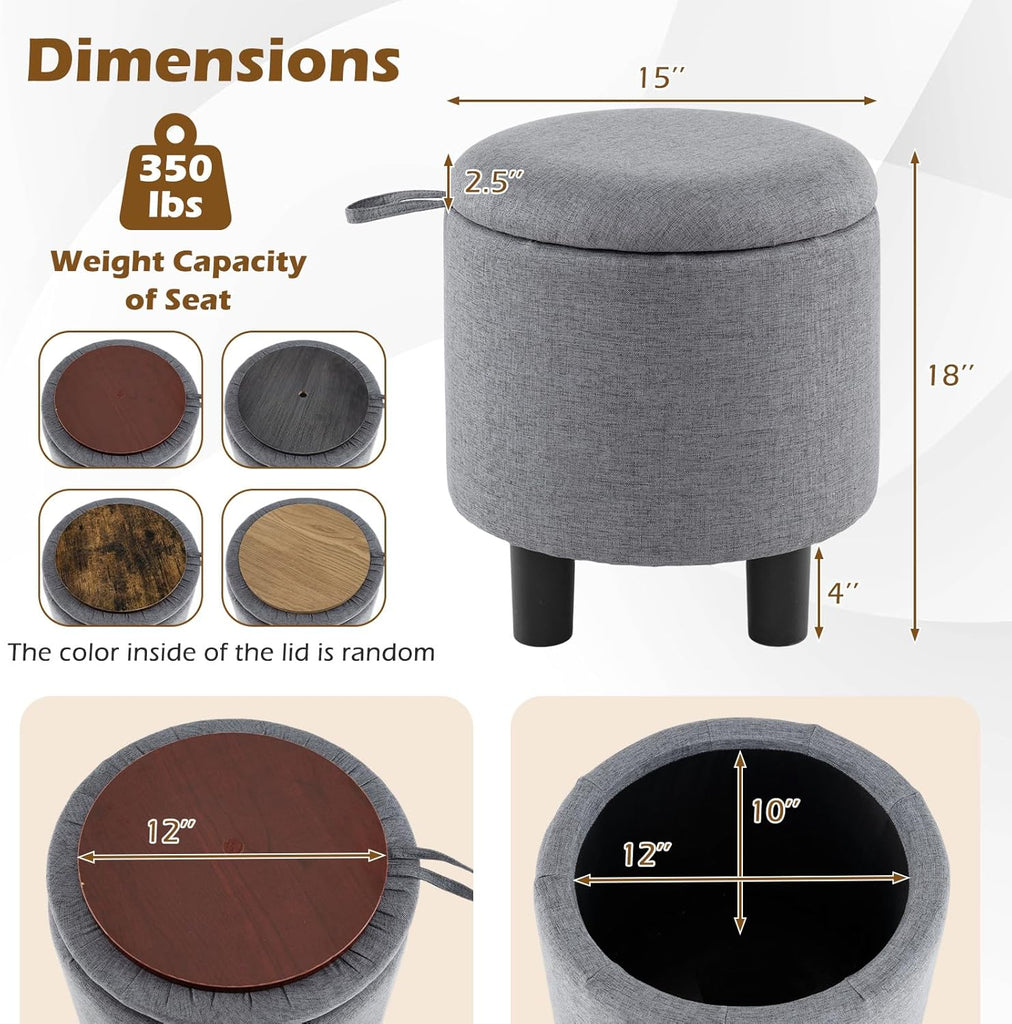 Linen Fabric Round Storage Ottoman with Removable Lid, Gray | Upholstered Ottoman Foot Rest, Small Ottoman Foot Stool