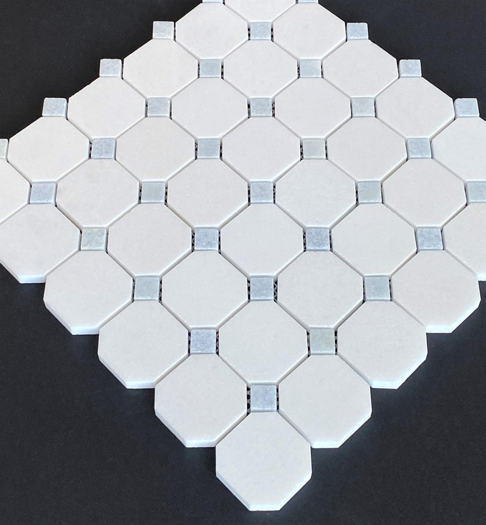 Of Thassos White Octagon and Blue Celeste Dot Marble Mosaic Wall and Floor Tile Backsplash, Bathroom