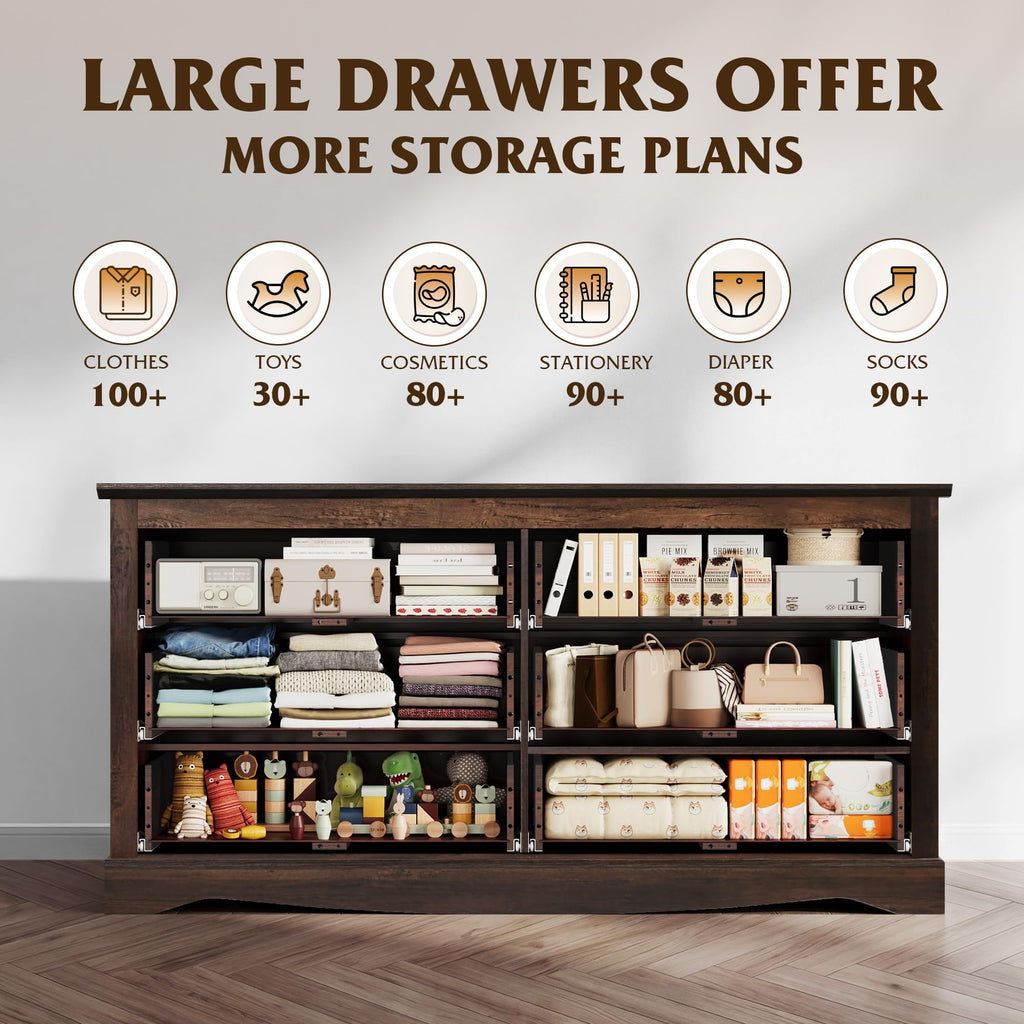 59", Wooden 6 Drawer with Exclusive Anti-Tip Structure, Large Modern Chest of Drawers, Closet, Home Furniture, TV
