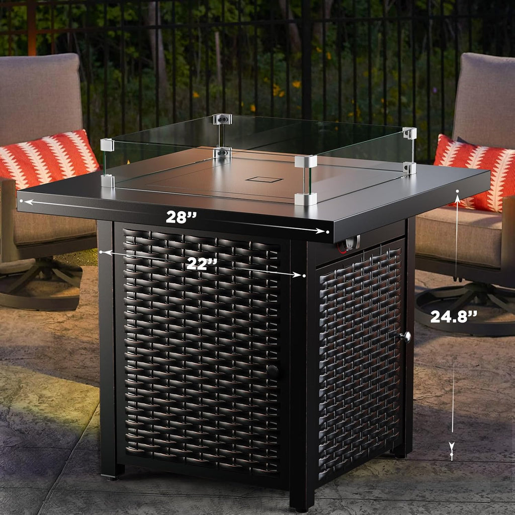 Propane Fire Pit, 28″ Outdoor Gas Fire Pit, 50,000 BTU Steel Fire Table with Glass Wind Guard, Lid & Lava Rock