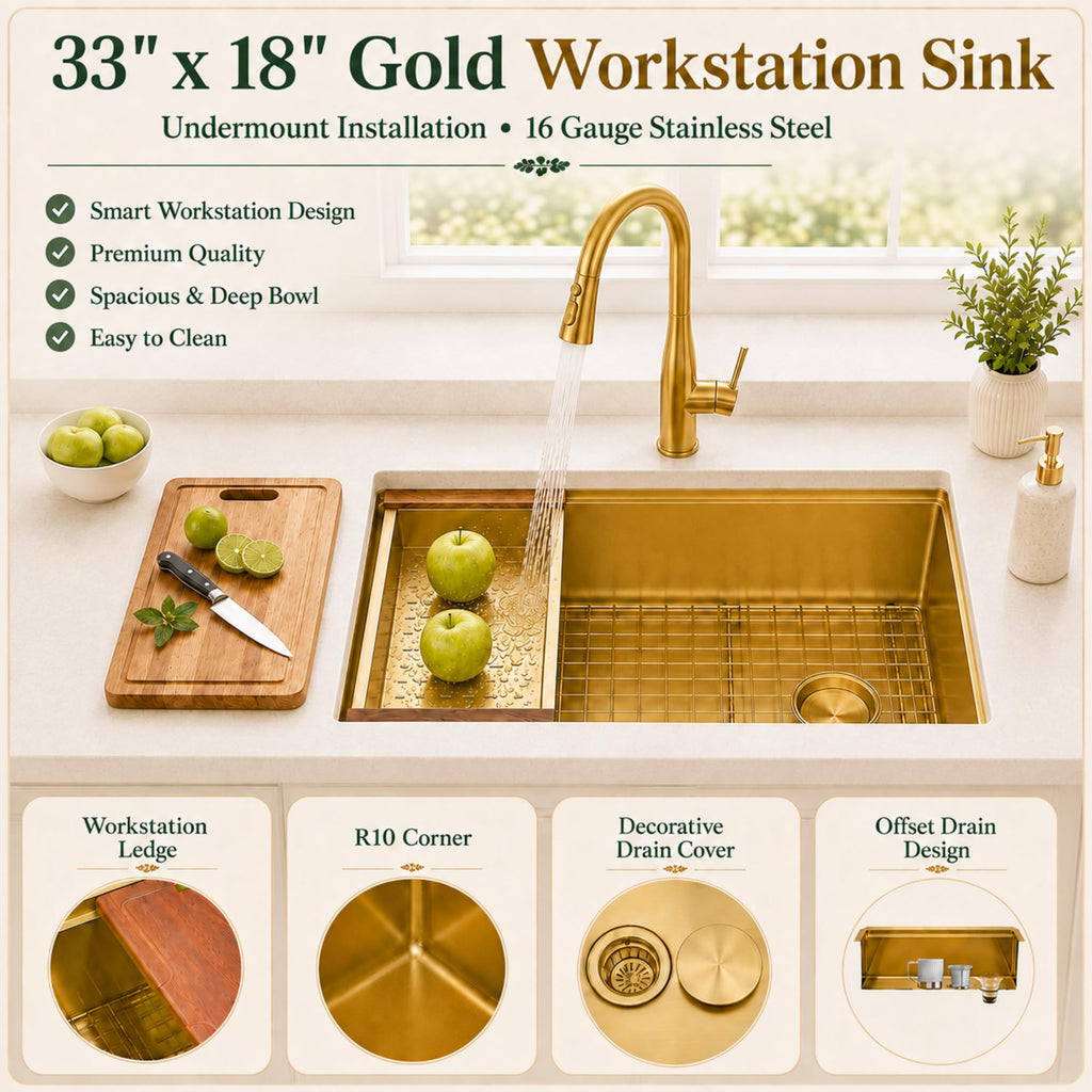 Gold Kitchen Sink Offset Drain, 33"X18" Undermount Single Bowl Sink