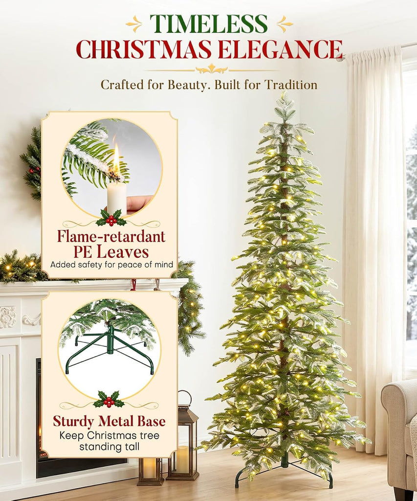 Pre-lit Pencil Christmas Tree: Snow Flocked 440 LED Lights
